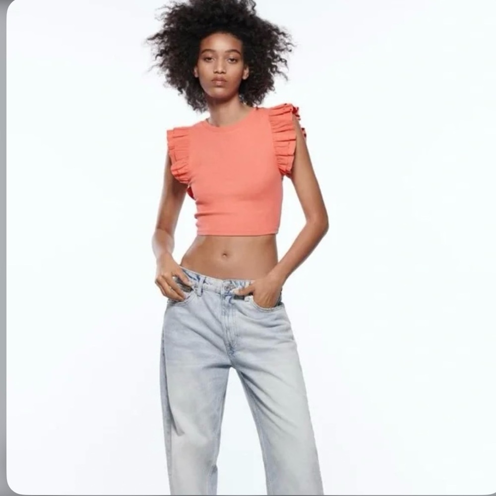 ZARA Orange and Pink Flutter Sleeve Ruffled Crop Top